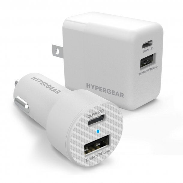 HyperGear trousse avec chargeur pour l’auto et chargeur mural à deux ports USB-A et USB-C de 20 W, blancs