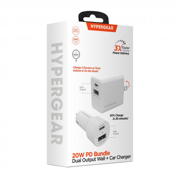 HyperGear trousse avec chargeur pour l’auto et chargeur mural à deux ports USB-A et USB-C de 20 W, blancs