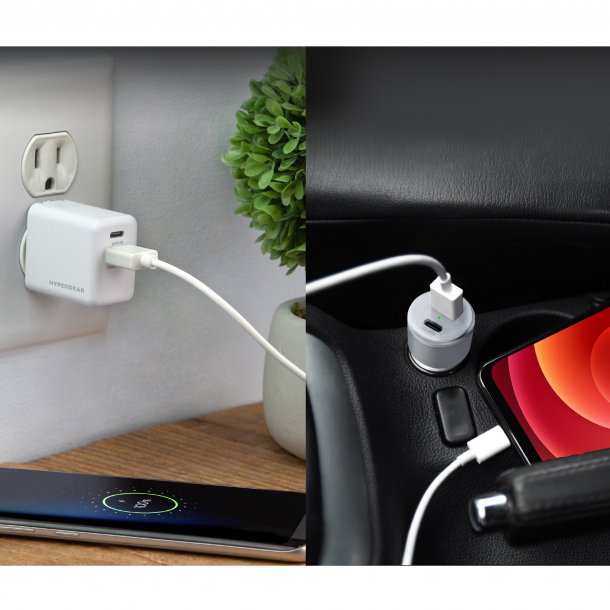HyperGear trousse avec chargeur pour l’auto et chargeur mural à deux ports USB-A et USB-C de 20 W, blancs