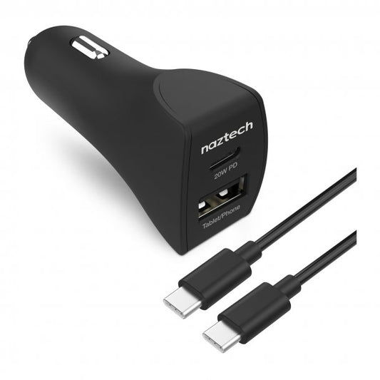 Naztech - Chargeur pour l’auto à port USB-C PD de 20 W et à port de charge rapide USB-A de 12 W, avec câble USB-C vers USB-C