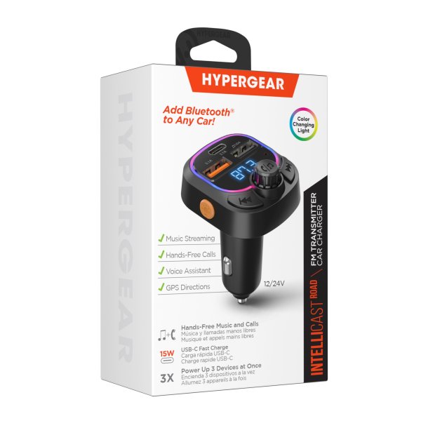 Émetteur FM Bluetooth Intellicast Road avec adaptateur allume-cigare ou chargeur de voiture 15W de HyperGear