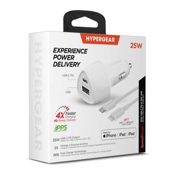 Chargeur de voiture SpeedBoost de 25 W USB-C PD et 12 W USB avec câble Lightning de 4ft.