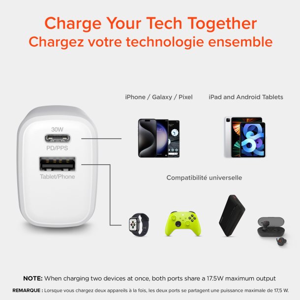 Chargeur mural double USB-C PD (30W Max) & USB-A (18W Max)