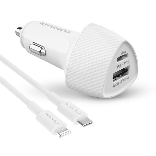 Chargeur de voiture SpeedBoost avec adaptateur d’allume-cigare rapide de 25 W USB-C PD et 12 W USB de HyperGear avec alimentation programmable câble Lightning de 4 pi - Blanc