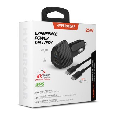 Chargeur de voiture SpeedBoost avec adaptateur d’allume-cigare rapide de 25 W USB-C PD et 12 W USB de HyperGear avec alimentation programmable câble USB-C de 4 pi - Noir