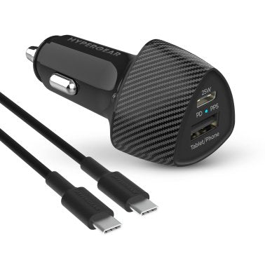 Chargeur de voiture SpeedBoost avec adaptateur d’allume-cigare rapide de 25 W USB-C PD et 12 W USB de HyperGear avec alimentation programmable câble USB-C de 4 pi - Noir